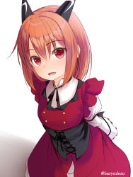 Rule 34 | 1girl, :d, arms behind back, brown hair, commentary request, dragon horns, dress, hair between eyes, haryuu (poetto), highres, horns, juliet sleeves, laika (slime taoshite 300 nen), long sleeves, looking at viewer, open mouth, puffy sleeves, red dress, red eyes, shirt, sleeveless, sleeveless dress, slime taoshite 300 nen shiranai uchi ni level max ni nattemashita, smile, solo, twitter username, white background, white shirt