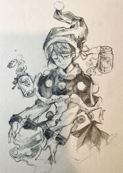 Rule 34 | 1girl, bottle, capelet, closed eyes, closed mouth, commentary, cropped torso, doremy sweet, dream soul, english commentary, fur trim, greyscale, hat, highres, kabocha1408, long sleeves, monochrome, nightcap, pom pom (clothes), short hair, signature, sketch, smile, solo, touhou, traditional media