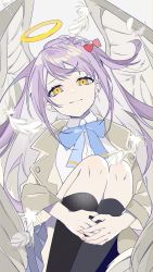 Rule 34 | 1girl, absurdres, angel, braid, closed mouth, dot nose, feathered wings, fingernails, floating hair, frown, halo, highres, light purple hair, looking at viewer, omutatsu, sad, sitting, socks, tuyu (band), white hair, wings