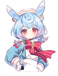 Rule 34 | 1girl, :3, animal ears, apron, aqua shirt, artist name, blue hair, blush, bow, bowtie, brooch, buttons, closed mouth, commentary request, cropped torso, crossed bangs, eyelashes, genshin impact, gloves, gradient hair, hair between eyes, hair ornament, hands on own hips, hat, highres, jewelry, long sleeves, looking at viewer, low twintails, medium hair, multicolored hair, nurse cap, pink bow, pom pom (clothes), pom pom hair ornament, puffy long sleeves, puffy sleeves, purple hair, red bow, red bowtie, red eyes, rono (iwant ab), shirt, short twintails, sidelocks, sigewinne (genshin impact), simple background, sleeve cuffs, smile, solo, twintails, twitter username, white apron, white background, white gloves, white hat