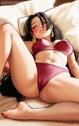 Rule 34 | 1girl, absurdres, barefoot, black hair, blush, boa hancock, bra, breasts, brown eyes, cameltoe, cleft of venus, commentary, earrings, english commentary, feet, forehead, grin, highres, jewelry, kirani, large breasts, long hair, looking at viewer, lying, navel, nostrils, on back, one piece, panties, patreon username, pillow, red bra, red panties, smile, snake earrings, solo, spread legs, teeth, thighs, toes, underwear