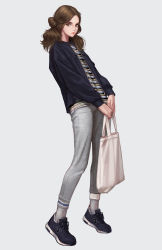 Rule 34 | 1girl, absurdres, bag, blue footwear, blue jacket, brown eyes, casual, closed mouth, colored stripes, commentary, english commentary, forehead, full body, grey background, grey pants, hair bun, highres, holding, holding bag, jacket, jungon kim, leaning back, lips, long hair, long sleeves, looking at viewer, open clothes, open jacket, original, pants, parted bangs, red lips, shirt, shoes, side bun, simple background, single hair bun, single side bun, sneakers, socks, solo, striped clothes, striped shirt, track pants, v-shaped eyebrows