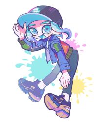 Rule 34 | 1girl, baseball cap, black hat, blue eyes, blue jacket, colored tips, commentary request, fang, full body, hat, highres, jacket, korean commentary, leaning forward, looking at viewer, medium hair, multicolored hair, nintendo, octoling, octoling girl, octoling player character, open mouth, purple hair, shoes, simple background, smile, solo, splatoon (series), tentacle hair, thick eyebrows, two-tone hair, ufo sw, white background