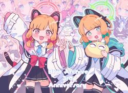 Rule 34 | 2girls, absurdres, animal ear headphones, animal ears, anniversary, black shorts, black skirt, black thighhighs, blonde hair, blue archive, blue necktie, blush, bow, cat tail, collared shirt, fake animal ears, green bow, green eyes, green halo, hair bow, halo, headphones, highres, jacket, long sleeves, looking at viewer, mantezaurusu, midori (blue archive), midori (maid) (blue archive), momoi (blue archive), momoi (maid) (blue archive), multiple girls, multiple views, necktie, official alternate costume, open clothes, open jacket, open mouth, pink halo, pleated skirt, red bow, red eyes, shirt, short hair, shorts, siblings, sisters, skirt, smile, tail, thighhighs, twins, v, white jacket, white shirt, wide sleeves