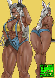 Rule 34 | 1girl, animal ears, ass, boku no hero academia, breasts, cosplay, curvy, dark-skinned female, dark skin, grin, highres, large breasts, long hair, looking at viewer, minion (despicable me) (cosplay), mirko, muscular, muscular female, overalls, rabbit ears, red eyes, shosho oekaki, smile, solo, standing, thick thighs, thighs, white hair, wide hips, yellow background
