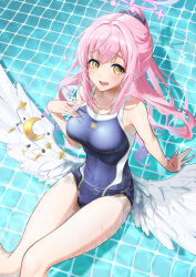Rule 34 | 1girl, absurdres, bare arms, bare legs, blue archive, blue one-piece swimsuit, blue scrunchie, breasts, collarbone, commentary request, feathered wings, floating hair, from above, hair ornament, hair scrunchie, highres, kinoyama (0202), long hair, looking at viewer, medium breasts, mika (blue archive), one-piece swimsuit, open mouth, partial commentary, pink hair, ponytail, scrunchie, sitting, solo, swimsuit, white wings, wings, yellow eyes