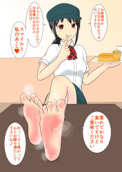 Rule 34 | 1girl, barefoot, black hair, employee uniform, feet, finger to mouth, food, foot focus, french fries, hat, highres, crossed legs, long hair, looking at viewer, manam, pov, red eyes, restaurant, smell, smile, soles, steam, table, toes, translated, uniform, waitress