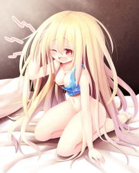 Rule 34 | 1girl, barefoot, bed, blonde hair, blush, bottomless, breasts, cleavage, clownpiece, covered erect nipples, artistic error, fang, gradient background, highres, kneeling, long hair, messy hair, navel, one eye closed, open mouth, pillow, red eyes, sitting, solo, star (symbol), touhou, very long hair, wariza, wince, wrong foot, z.o.b
