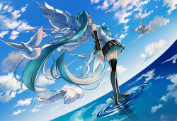 Rule 34 | 1girl, absurdly long hair, aqua hair, aqua necktie, arm behind back, bird, black footwear, black skirt, black sleeves, boots, detached sleeves, floating hair, from behind, full body, grover.y, hatsune miku, highres, layered skirt, long hair, long sleeves, mechanical wings, miniskirt, necktie, pleated skirt, shirt, skirt, sleeveless, sleeveless shirt, solo, standing, thigh boots, thighhighs, twintails, very long hair, vocaloid, white shirt, wings, zettai ryouiki