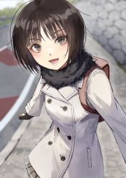 Rule 34 | 1girl, :d, a-pose, amagami, backpack, bag, black mittens, black scarf, black skirt, blurry, blurry background, blush, bob cut, briefcase, brown eyes, brown hair, buttons, coat, commentary, cowboy shot, depth of field, double-breasted, fagi (kakikaki), foreshortening, fur scarf, hair strand, long sleeves, looking at viewer, mittens, open mouth, outdoors, pleated skirt, road, scarf, school bag, school briefcase, short hair, skirt, smile, solo, stone wall, tachibana miya, wall, white coat