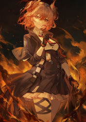 Rule 34 | 1girl, absurdres, arknights, black coat, black gloves, black skirt, breasts, coat, cowboy shot, dark background, ergouzi echo, feather hair, fiammetta (arknights), fire, frilled skirt, frills, gloves, high-waist skirt, highres, id card, long sleeves, looking at viewer, medium breasts, necktie, open clothes, open coat, parted lips, red eyes, red hair, red necktie, shirt, short hair, skirt, solo, thigh strap, white shirt