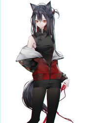 Rule 34 | 0 (znanimo), 1girl, absurdres, animal ears, arknights, black hair, black pantyhose, black shirt, black shorts, commentary, feet out of frame, hair between eyes, hand in pocket, highres, jacket, long hair, looking at viewer, off shoulder, one side up, open clothes, open jacket, pantyhose, pantyhose under shorts, red eyes, red jacket, shirt, shorts, simple background, sleeveless, sleeveless shirt, solo, symbol-only commentary, tail, texas (arknights), white background, wolf ears, wolf girl, wolf tail