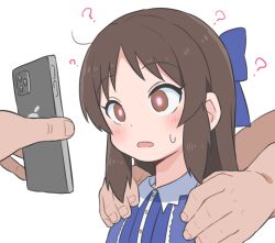 Rule 34 | 1girl, 2boys, ?, blue bow, blue dress, blush, bow, brown eyes, brown hair, bubukka, buttons, cellphone, collar, dress, empty eyes, hair bow, hands on another&#039;s shoulders, holding, holding phone, hypnosis, idolmaster, idolmaster cinderella girls, long hair, looking at another, mind control, multiple boys, parted lips, phone, sidelocks, smartphone, sweat, tachibana arisu, upper body, white background, white collar