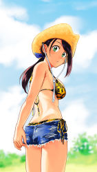 Rule 34 | 10s, 1girl, ass, bikini, bikini under clothes, black hair, butt crack, cloud, commentary request, cowboy hat, day, from behind, green eyes, hair ornament, hat, idolmaster, idolmaster cinderella girls, long hair, looking at viewer, looking back, outdoors, parted lips, ponytail, short shorts, shorts, side-tie bikini bottom, solo, standing, swimsuit, yamato aki, youhe hino