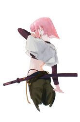 Rule 34 | 1girl, absurdres, ass, bchan1582, from behind, highres, katana, medium hair, original, pink hair, solo, sword, weapon, white background