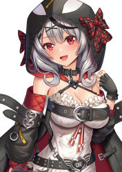 Rule 34 | 1girl, :d, animal hood, belt, blush, bow, breasts, camisole, cleavage, collar, fang, fingerless gloves, gloves, grey hair, highres, hololive, hood, jacket, large breasts, looking at viewer, off shoulder, open mouth, orca hood, plaid, plaid bow, red eyes, sakamata chloe, simple background, smile, solo, tako seijin, upper body, virtual youtuber, white background