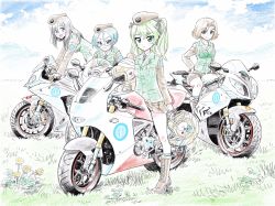 Rule 34 | 4girls, alternate eye color, alternate hair color, animal print, azumi (girls und panzer), bandages, bear print, beret, black footwear, black hair, black jacket, black neckwear, black ribbon, black skirt, blue eyes, blue sky, bmw s1000rr, boko (girls und panzer), boots, brown hair, closed mouth, cloud, cloudy sky, commentary request, cross-laced footwear, dandelion, day, dress shirt, emblem, expressionless, flower, girls und panzer, glasses, grass, green eyes, green hair, grey eyes, grey hair, hair ribbon, hat, helmet, highres, holding, holding stuffed toy, jacket, japanese tankery league (emblem), kubota shinji, lace-up boots, long hair, long sleeves, looking at viewer, megumi (girls und panzer), military, military hat, military uniform, miniskirt, motor vehicle, motorcycle, motorcycle helmet, multiple girls, necktie, one side up, open mouth, outdoors, parted bangs, partial commentary, pencil skirt, pleated skirt, ribbon, riding, rumi (girls und panzer), selection university (emblem), selection university military uniform, shimada arisu, shirt, skirt, sky, stuffed animal, stuffed toy, swept bangs, teddy bear, uniform, white shirt