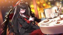 Rule 34 | 1girl, angel wings, animated, black dress, black hair, black nails, black wings, blue archive, blush, breasts, candle, choker, dot pupils, dress, eating, flustered, food, glass, halo, hand to hand, highres, long hair, looking at viewer, menu, messy hair, nail polish, official art, red eyes, restaurant, screencap, sitting, tagme, tsurugi (blue archive), very long hair, video, wings