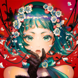Rule 34 | 1girl, absurdres, bare shoulders, champi, choker, close-up, flower, gloves, green eyes, green hair, hair flower, hair ornament, hairband, hand on own chin, hand up, highres, jewelry, open mouth, original, petals, portrait, ribbon, ribbon choker, ring, short hair, solo