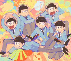 Rule 34 | &gt; &lt;, 10s, 6+boys, :3, black hair, brothers, cellphone, closed eyes, flower (symbol), formal, heart, heart in mouth, male focus, matsuno choromatsu, matsuno ichimatsu, matsuno jyushimatsu, matsuno karamatsu, matsuno osomatsu, matsuno todomatsu, multicolored background, multiple boys, musical note, nomiko 524, osomatsu-kun, osomatsu-san, osomatsu (series), pant suit, pants, paw print, phone, quaver, sextuplets, siblings, smartphone, smile, suit, tearing up