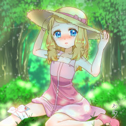 Rule 34 | 1girl, adjusting headwear, blue eyes, blurry, blurry background, blush, bow, creatures (company), dress, foot out of frame, forest, game freak, hat, hat bow, highres, medium hair, nature, nintendo, open mouth, outdoors, pink bow, pink dress, pink footwear, poke ball symbol, pokemon, pokemon (anime), pokemon xy (anime), serena (pokemon), shirokoro, solo, sun hat, tears