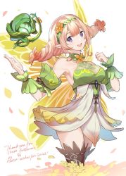 Rule 34 | 1girl, boots, breasts, butterfly wings, dated, dress, elf, fairy wings, fire emblem, fire emblem heroes, floating, floating object, flower, hair flower, hair ornament, insect wings, long sleeves, looking at viewer, misu kasumi, multicolored hair, nintendo, open mouth, peony (fire emblem), pointy ears, short dress, skirt, smile, solo, thigh boots, thighhighs, wings