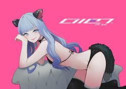 Rule 34 | 1girl, absurdres, all fours, animal ears, bikini, black bikini, black thighhighs, blue eyes, blue hair, blush, cat ears, cat tail, collar, fake animal ears, fami (yellow skies), flat chest, from side, halterneck, hands up, highres, long hair, looking at viewer, open mouth, original, parted lips, pink background, real life, simple background, smile, solo, straddling, swimsuit, tail, thighhighs, thighs, tsurime, twitter username, wavy hair