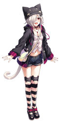 Rule 34 | 1girl, :d, absurdres, animal ear legwear, animal ears, animal hat, arms at sides, bag, bell, black choker, black footwear, black hat, black jacket, black shorts, blush, bow, breasts, buttons, cat ear legwear, cat ears, cat girl, cat hair ornament, cat hat, cat tail, choker, cleavage, collarbone, commentary request, drawstring, fangs, fingernails, footwear bow, full body, groin, hair ornament, hair over one eye, hairpin, hasumi (hasubatake39), hat, heart, heart necklace, highres, hood, hood down, hooded jacket, hoodie, jacket, jewelry, kuon (hasumi (hasubatake39)), legs together, long fingernails, long sleeves, looking at viewer, nail polish, navel, neck bell, necklace, open clothes, open hoodie, open jacket, open mouth, original, pink nails, red bow, shirt, shoes, short shorts, shorts, shoulder bag, silver hair, simple background, small breasts, smile, solo, standing, striped clothes, striped thighhighs, tail, thighhighs, white background, white shirt