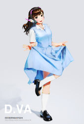 Rule 34 | 1girl, brown eyes, brown footwear, brown hair, casual, character name, copyright name, d.va (overwatch), dress, dress shirt, facepaint, facial mark, grey background, headphones, highres, holding, holding clothes, holding skirt, kneehighs, loafers, long hair, looking at viewer, open mouth, overwatch, overwatch 1, shirt, shoes, short sleeves, simple background, skirt, skirt hold, skirt set, smile, socks, solo, standing, standing on one leg, swept bangs, teeth, vest, watermark, web address, whisker markings, white shirt, white socks, wing collar