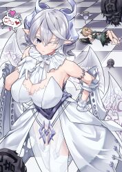 Rule 34 | 2girls, absurdres, armpits, blowing kiss, breasts, checkered floor, cleavage, demon girl, demon wings, dress, duel monster, eradicator epidemic virus, fairy, gameplay mechanics, giving up the ghost, gloves, grey eyes, grey hair, highres, hugin the runick wings, large breasts, leotard, lovely labrynth of the silver castle, low wings, multiple girls, nanamilem, one eye closed, pointy ears, solo focus, strapless, strapless dress, twintails, virus, wings, yu-gi-oh!