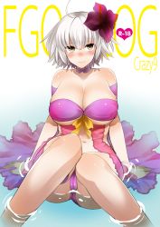 Rule 34 | 1girl, ahoge, alternate costume, blush, breasts, cleavage, closed mouth, collarbone, fate/grand order, fate (series), flower, hair flower, hair ornament, ichitaka, jeanne d&#039;arc (fate), jeanne d&#039;arc alter (avenger) (fate), jeanne d&#039;arc alter (fate), large breasts, looking at viewer, navel, partially submerged, revealing clothes, short hair, silver hair, sitting, smile, solo, yellow eyes