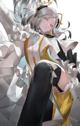 Rule 34 | 1girl, alchemy stars, black thighhighs, blazpu, breasts, carleen (alchemy stars), dress, grey hair, hair ornament, highres, long hair, long sleeves, looking at viewer, small breasts, solo, thighhighs, two-tone dress, white dress, yellow dress, yellow eyes