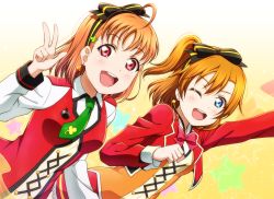 Rule 34 | 2girls, :d, ;d, ahoge, anibache, arm up, black bow, blue eyes, bow, clover print, crossover, earrings, green neckwear, hair bow, in-franchise crossover, jacket, jewelry, kosaka honoka, long hair, love live!, love live! school idol project, love live! sunshine!!, multiple girls, necktie, one eye closed, open mouth, orange hair, red bow, red eyes, red jacket, red neckwear, short necktie, side ponytail, smile, sunny day song, takami chika, upper body, w