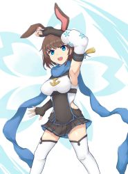 Rule 34 | 1girl, :d, anchor symbol, animal ears, arm over head, armpits, azur lane, black gloves, black skirt, blue eyes, blue scarf, braid, braided ponytail, breasts, brown hair, chikuma (azur lane), clothing cutout, commentary request, cowboy shot, detached sleeves, fingerless gloves, floral print, gloves, groin, highres, looking at viewer, medium breasts, open mouth, pleated skirt, rabbit ears, sakura empire (emblem) (azur lane), scarf, short hair, side braid, side cutout, sideboob, sidelocks, single braid, skirt, sleeveless, smile, solo, standing, teeth, thighhighs, underbust, upper teeth only, utsusemi (sola), white background, white thighhighs, zettai ryouiki
