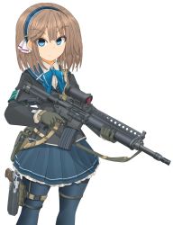 Rule 34 | 1girl, advanced combat rifle (military program), advanced individual weapon system (military program), advanced infantry weapon system (military program), ar-15, assault rifle, belt, black jacket, blue bow, blue bowtie, blue eyes, blue hairband, blue pantyhose, blue skirt, bow, bowtie, brown hair, carbine, closed mouth, colt&#039;s manufacturing company, colt acr, colt industries, commentary, compensator, cowboy shot, dress shirt, elcan optical technologies, frilled skirt, frills, frown, gloves, grey gloves, gun, hair ribbon, hairband, handguard, handgun, highres, holding, holding gun, holding weapon, holster, human engineering laboratory, jacket, knight&#039;s armament company, lightning holes, long sleeves, looking at viewer, m145 machine gun optic, m16, m16a2, m16a2e2, magazine (weapon), medium hair, mikeran (mikelan), military program, miniskirt, muzzle brake compensator, muzzle device, original, pantyhose, pleated skirt, prototype, prototype design, rib handguard, ribbon, rifle, sam browne belt, school uniform, scope, shirt, sight (weapon), simple background, skirt, solo, standing, stock (firearm), telescopic sight, telescoping stock, thigh holster, thigh strap, trigger discipline, utility belt, weapon, white background, white ribbon, white shirt, wing collar
