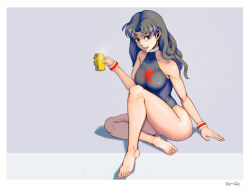 Rule 34 | 1girl, absurdres, artist name, ass, bare legs, barefoot, beer can, breasts, breasts apart, can, curvy, drink can, earrings, female focus, full body, highleg, highleg swimsuit, highres, huge ass, jewelry, katsuragi misato, medium breasts, navel, neon genesis evangelion, open mouth, purple hair, ramitto, shiny skin, simple background, sitting, smile, solo, swimsuit
