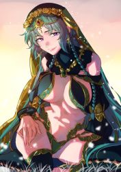 Rule 34 | 1girl, arabian clothes, braid, breasts, fate/grand order, fate (series), gold, green hair, harem outfit, large breasts, looking at viewer, low twin braids, mole, mole on breast, nail polish, otori666, purple eyes, purple nails, salome (fate), short hair with long locks, smile, solo, twin braids, veil