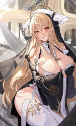 Rule 34 | 1girl, absurdres, azur lane, bare shoulders, between breasts, black gloves, blonde hair, blush, breast cutout, breasts, cleavage, covered navel, fake horns, gloves, habit, hair between eyes, half gloves, highres, horns, huge breasts, implacable (azur lane), long bangs, long hair, looking at viewer, nun, pelvic curtain, red eyes, revealing clothes, solo, sweat, tansuan (ensj3875), thighhighs, thighs, two-tone dress, veil, very long hair, white horns, white thighhighs