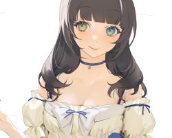 Rule 34 | 1girl, bell, black hair, blue choker, blue eyes, blue ribbon, blunt bangs, bow, breasts, brown hair, choker, cleavage, detached sleeves, green eyes, heterochromia, highres, kano shirayuki, large breasts, long hair, looking at viewer, neck bell, ohisashiburi, original, portrait, puffy short sleeves, puffy sleeves, ribbon, shiny skin, short sleeves, smile, solo, white background, white bow