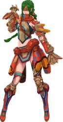 Rule 34 | 1girl, anne patriceani, anne petriceani, boots, braid, braided bangs, braided ponytail, crown braid, full body, gauntlets, gloves, green eyes, green hair, headband, knee boots, long hair, midriff, official art, red footwear, scarf, single thighhigh, solo, standing, star ocean, star ocean integrity and faithlessness, thighhighs, thighhighs under boots, yasuda akira
