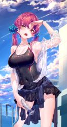 Rule 34 | 1girl, akasaai, black one-piece swimsuit, black skirt, breasts, cleavage, cloud, competition swimsuit, covered navel, day, hair between eyes, hair ribbon, heterochromia, highres, hololive, hose, houshou marine, large breasts, long hair, one-piece swimsuit, open clothes, open mouth, open shirt, outdoors, red eyes, red hair, ribbon, shirt, skirt, solo, swimsuit, swimsuit under clothes, twintails, virtual youtuber, wet, wet clothes, wet shirt, yellow eyes