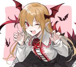 Rule 34 | 1girl, bat wings, black skirt, blonde hair, blush, center frills, claw pose, collared shirt, fang, flower, frilled shirt collar, frills, granblue fantasy, head wings, long hair, long sleeves, looking at viewer, one eye closed, open mouth, pointy ears, red eyes, rose, shirt, shirt tucked in, sidelocks, skin fang, skirt, solo, upper body, vampy, white shirt, wings, yakota (usuk-yako)
