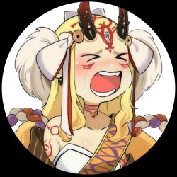 Rule 34 | 1girl, blonde hair, chibi, crying, dungeon meshi, closed eyes, fate/grand order, fate (series), horns, ibaraki douji (fate), japanese clothes, kimono, monster girl, oni, open mouth, simple background, tattoo, white background, yellow eyes