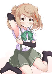 Rule 34 | 1girl, arm warmers, armpits, black socks, blush, bow, closed mouth, collared shirt, commentary request, double bun, dress shirt, green bow, grey skirt, hair bun, highres, kantai collection, kneehighs, light brown hair, long hair, looking at viewer, michishio (kancolle), no shoes, shirt, short sleeves, sidelocks, sitting, skirt, sleeve pull, socks, solo, suspender skirt, suspenders, sweat, tenshin amaguri (inobeeto), twintails, wariza, white background, white shirt, yellow eyes