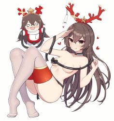 Rule 34 | 2girls, :p, absurdres, amber (genshin impact), antlers, baron bunny (genshin impact), bell, blush stickers, bow, bowtie, breasts, brown hair, choker, genshin impact, heart, highres, horns, jingle bell, merry christmas, multiple girls, open mouth, pomp (qhtjd0120), reindeer antlers, salute, simple background, small breasts, smile, thighhighs, tongue, tongue out, underboob, white background, yellow eyes