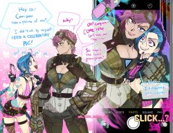 Rule 34 | 2girls, :d, arm tattoo, arm up, bandaid, bare shoulders, belt, blue hair, breasts, brown belt, brown pants, cleavage, cloud tattoo, collarbone, english text, eye contact, gauntlets, goggles, goggles on head, grin, highres, holding, holding phone, jinx (league of legends), large breasts, league of legends, leaning forward, long hair, looking at another, mag cora imparo, multiple girls, multiple views, navel, open mouth, pants, phone, pink eyes, pink hair, pink shorts, selfie, short hair, shorts, siblings, sisters, smile, speech bubble, stomach, striped clothes, striped shorts, tattoo, teeth, twintails, vi (league of legends)