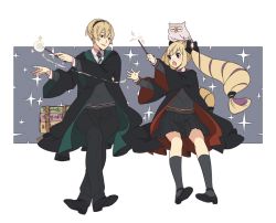 Rule 34 | 1boy, 1girl, ai-wa, bird, book, bow, brother and sister, coat, elise (fire emblem), fire emblem, fire emblem fates, hairband, harry potter (series), hogwarts school uniform, hogwarts uniform, leo (fire emblem), long hair, necktie, nintendo, open mouth, owl, purple eyes, school uniform, siblings, simple background, sitting, socks, sparkle, teeth, twintails, very long hair, wand, white background, wizarding world