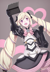 Rule 34 | 1girl, aki yasm, armor, armored dress, blonde hair, clenched hand, crying, elise (fire emblem), fire emblem, fire emblem fates, flower, hair ribbon, handheld game console, heart, highres, metal gloves, nintendo, nintendo 3ds, purple eyes, ribbon, simple background, solo, twintails