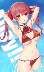 Rule 34 | 1girl, absurdres, armpits, arms up, ascot, bikini, blush, breasts, brooch, collarbone, day, hair ribbon, heterochromia, highres, hololive, houshou marine, jewelry, large breasts, long hair, looking at viewer, outdoors, red bikini, red eyes, red hair, ribbon, skindentation, solo, sseli, standing, swimsuit, twintails, virtual youtuber, water, yellow eyes