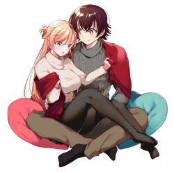 Rule 34 | 1boy, 1girl, :o, araragi ayune, argyle, argyle clothes, argyle sweater, black pantyhose, black socks, blonde hair, braid, breasts, bright pupils, brown eyes, brown hair, brown pants, commentary request, green eyes, green skirt, grey sweater, heart, heart-shaped pillow, isshiki-san wa koi wo shiritai., large breasts, long hair, meishi leland, pants, pantyhose, pillow, red scarf, rinna milford, scarf, shared clothes, shared scarf, short hair, sitting, sitting on person, skirt, smile, socks, sweater, white pupils, white sweater